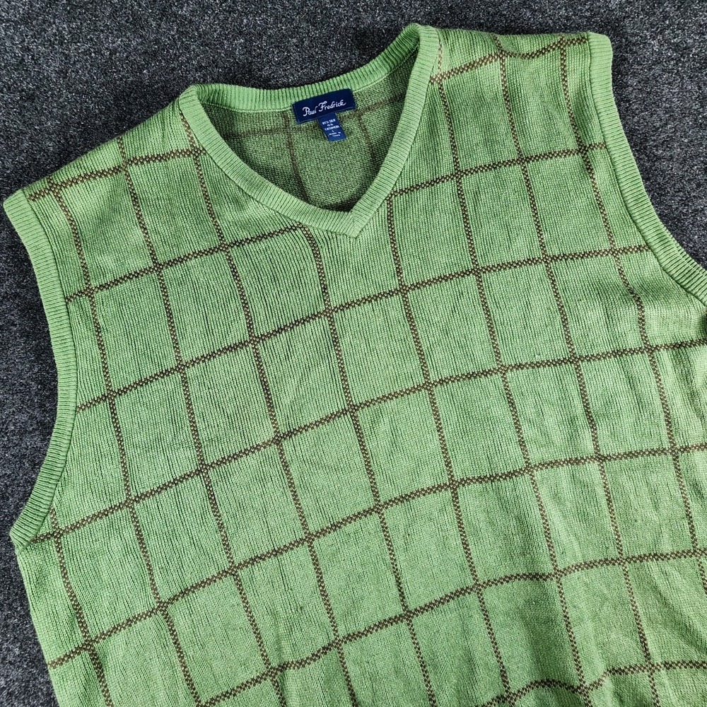 Paul Frederick Silk Cashmere Blend Sweater Vest‎ Men's L Green V-neck Casual Dad - Picture 2 of 6